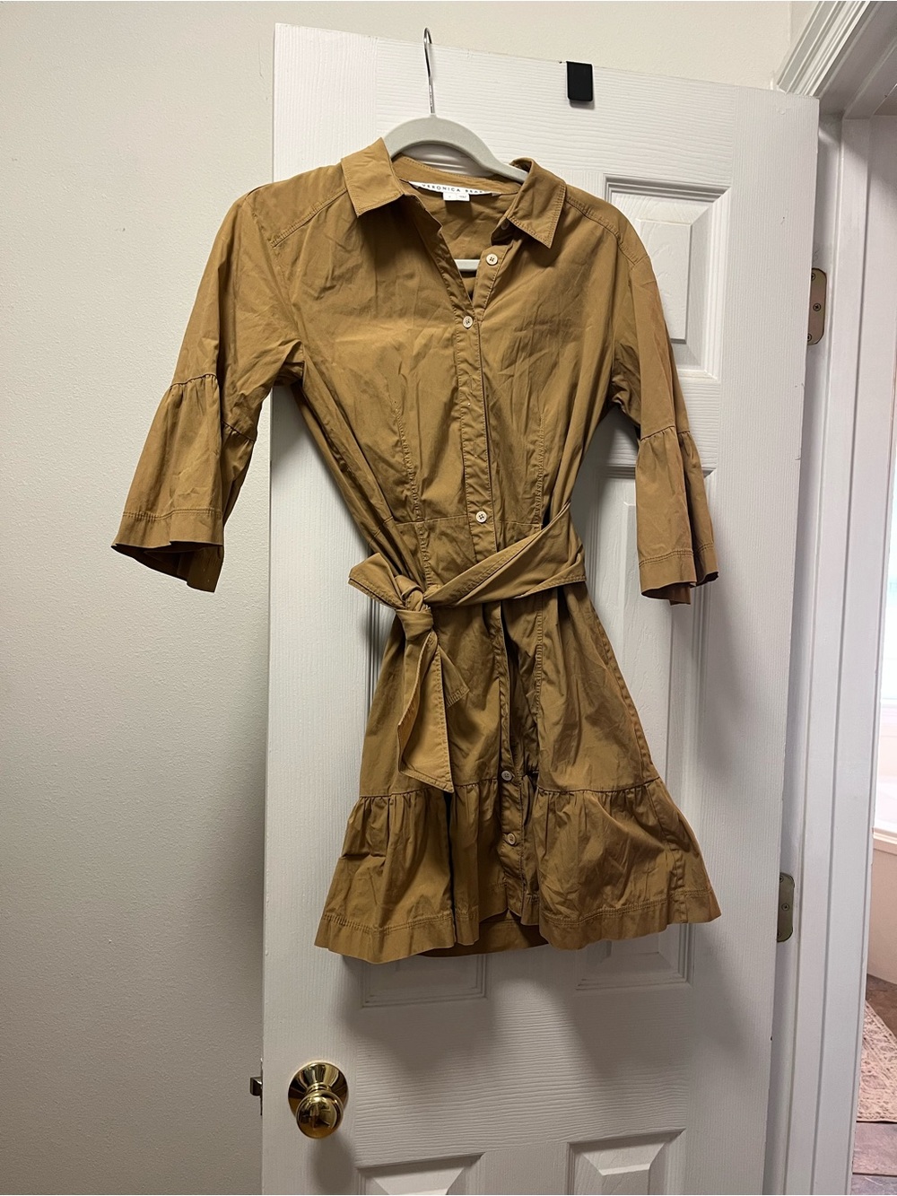 Veronica Beard Tan Button-Front Shirt Dress with Tie Waist